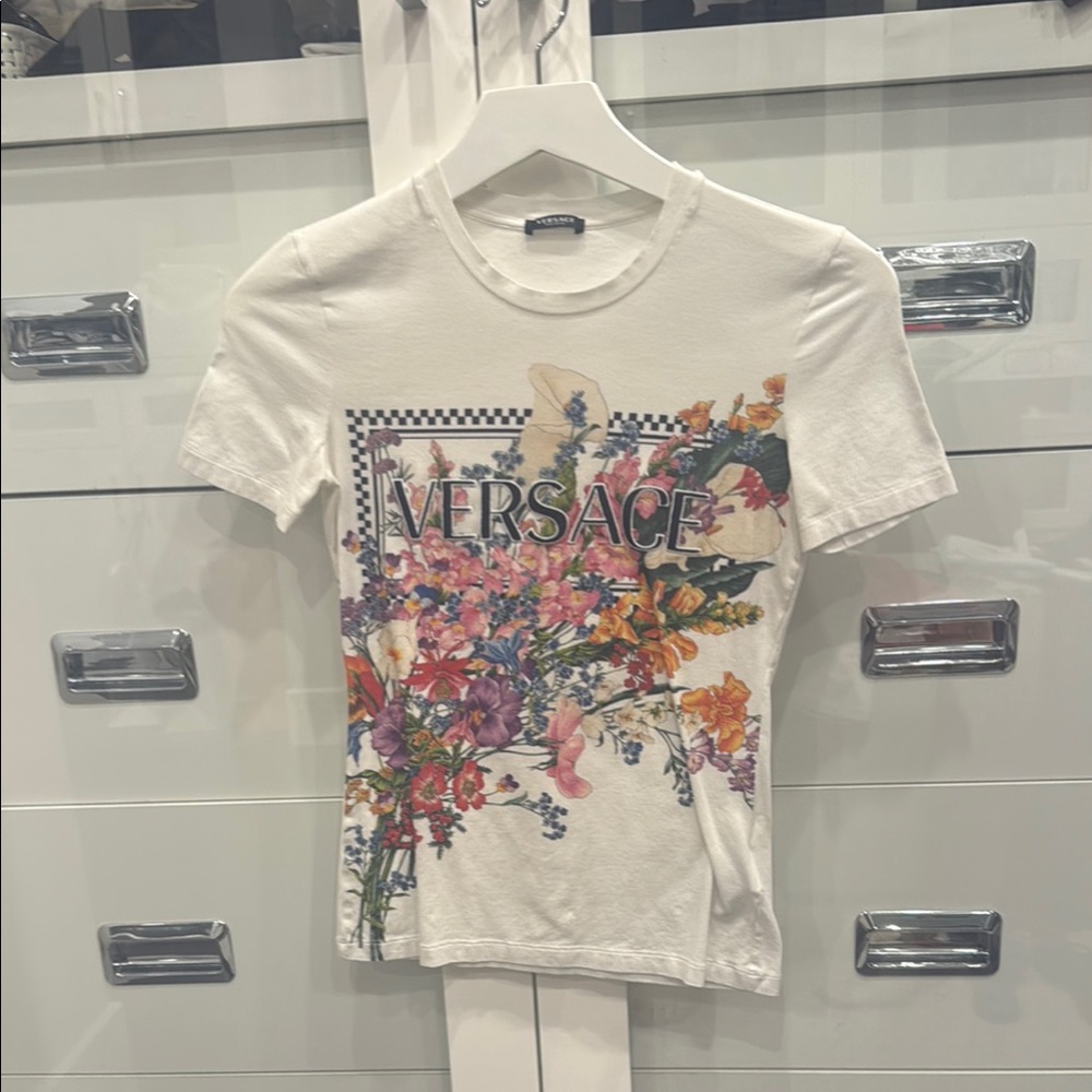 Versace White Tee with Colorful Floral Design